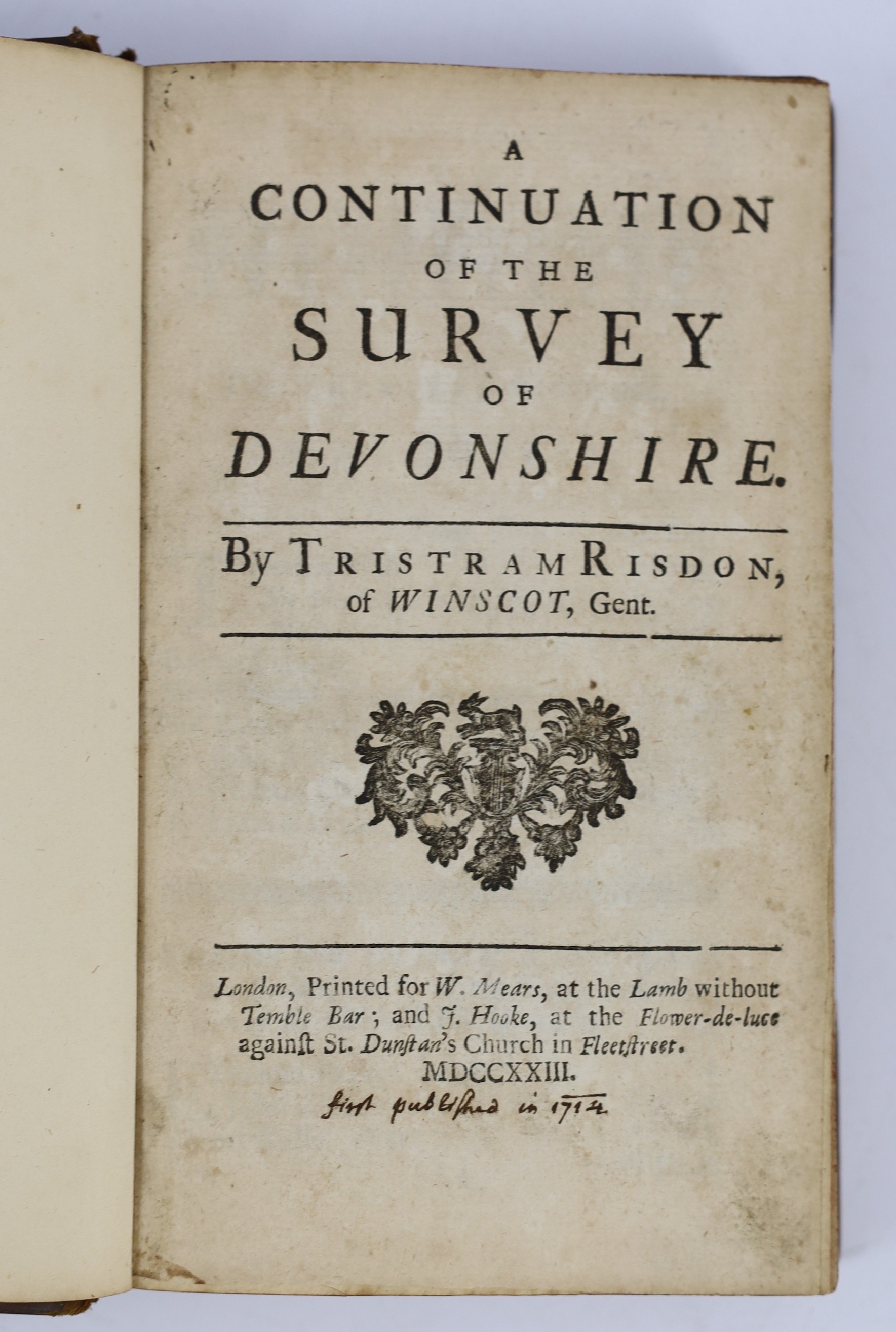 DEVON: Risdon, Tristram - A Continuation of the Survey of Devonshire ... (2nd edition). text decorations; old gilt-decorated half calf and cloth with panelled spine